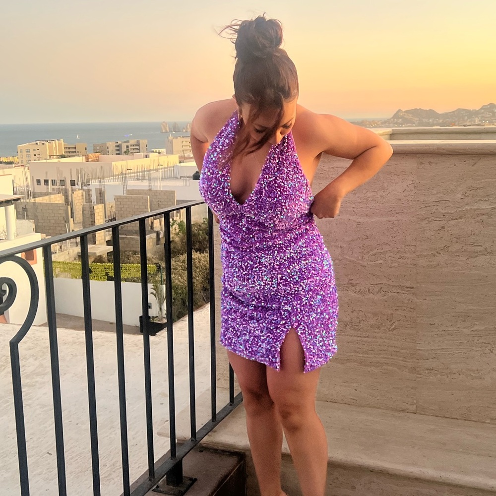 Elegant Purple Sequin Halter Dress